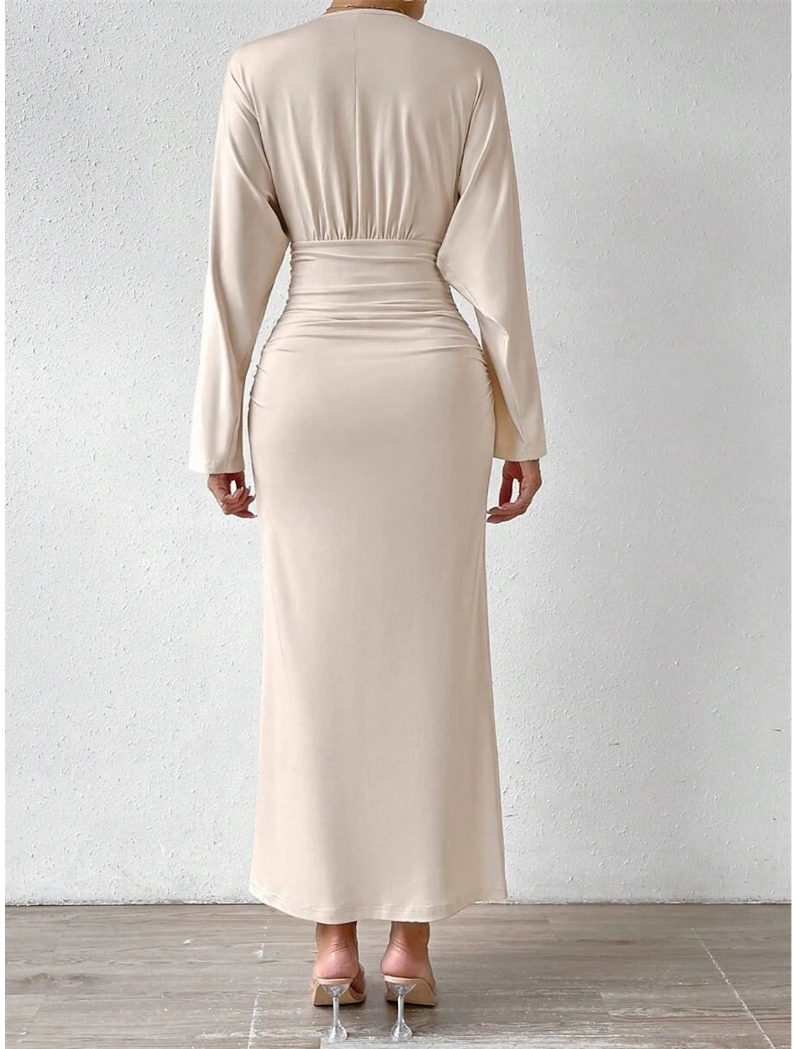 Dress Mother of the Bride Dress Elegant V Neck Floor Length Jersey Long Sleeve with Ruched