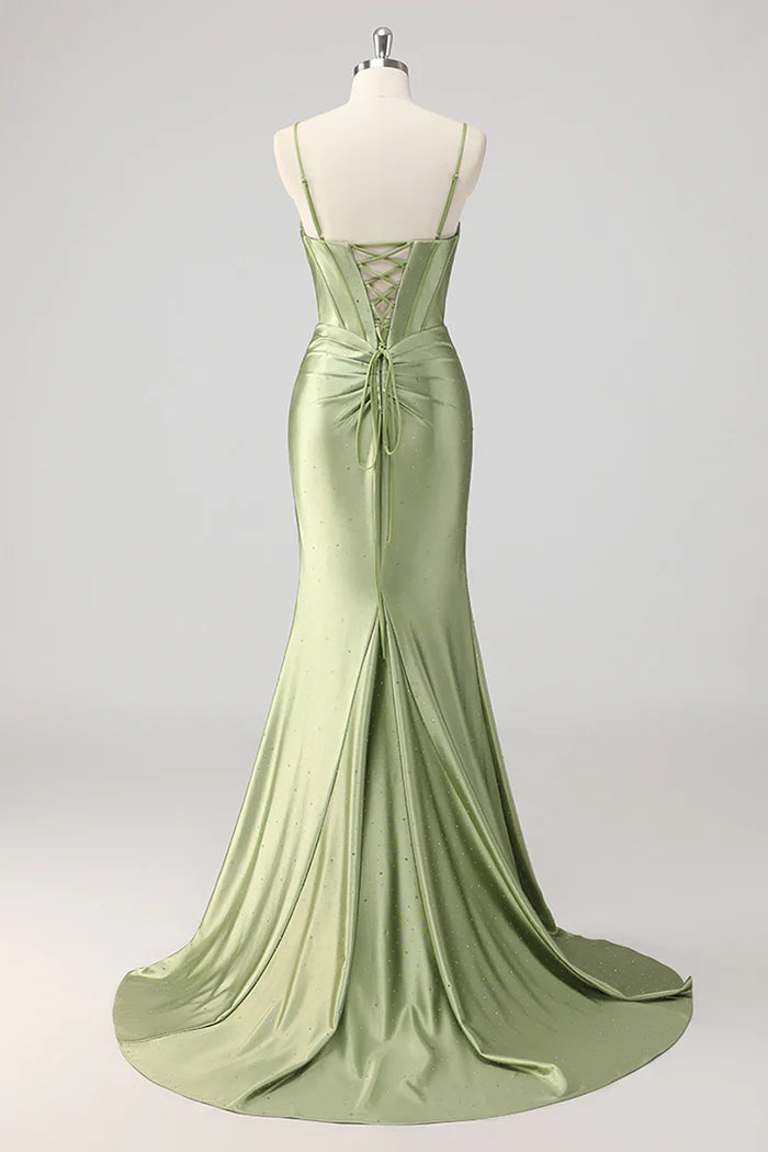 Green Mermaid Beaded Corset Bow Cut Out Satin Prom Dress with Slit