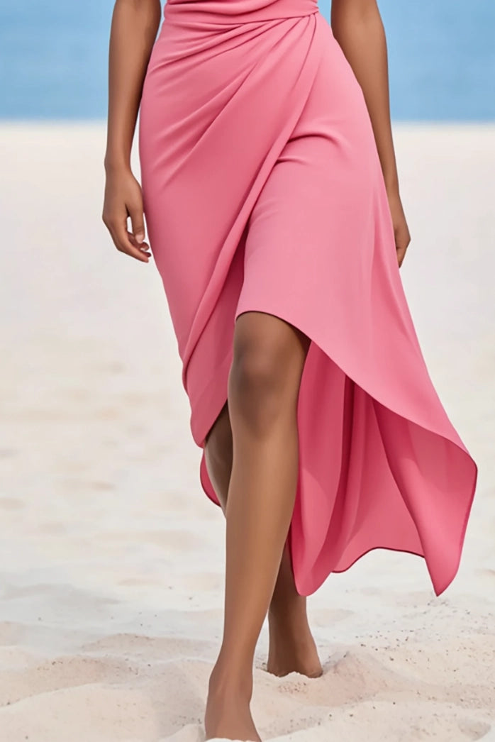 Simple beautiful generous and full of charm Prom Dress Wedding Guest Party Dress Pink One Shoulder Asymmetrical Midi Dress ﻿
