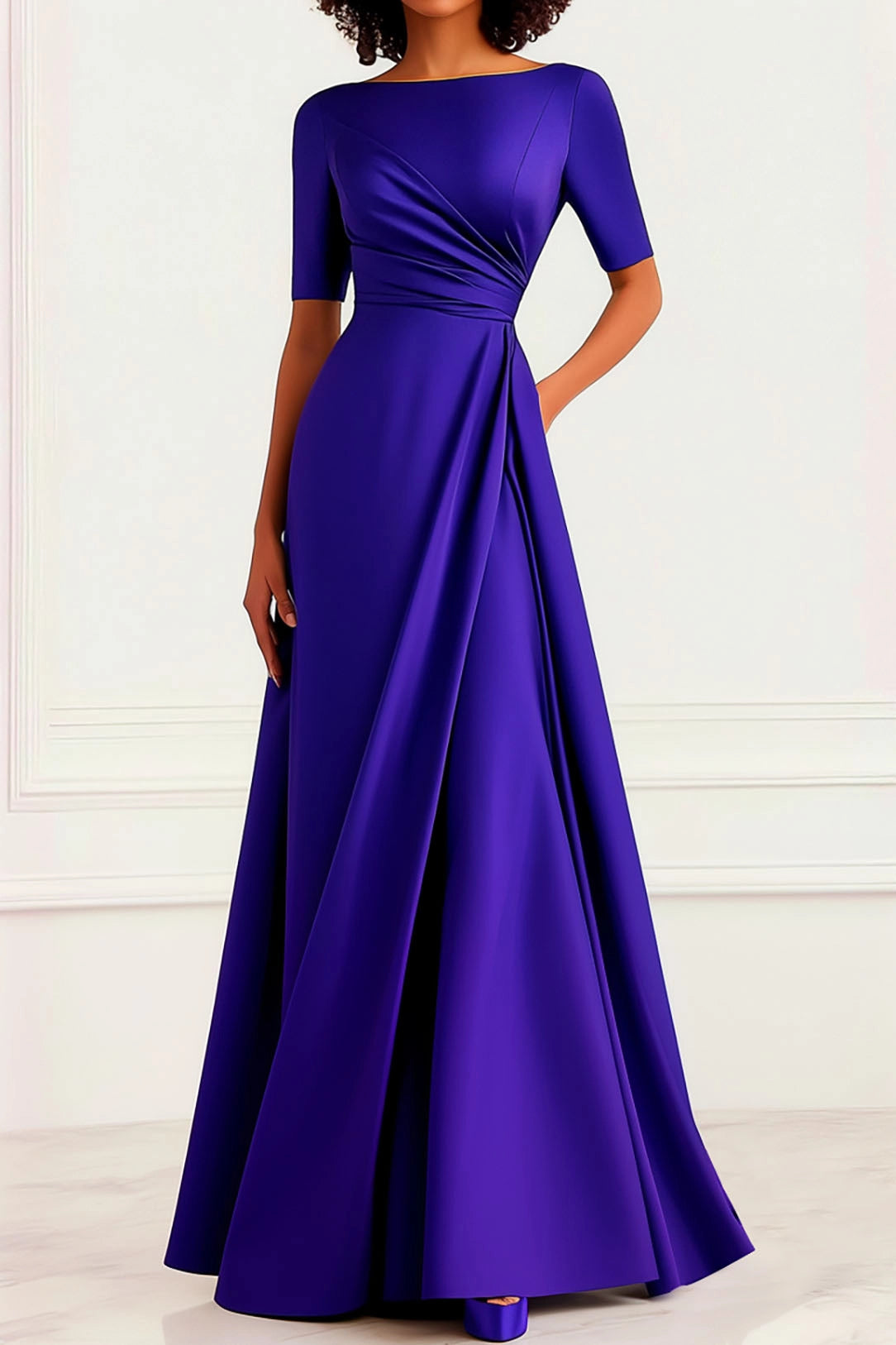 Wedding Guest Purple Dress Boat Neck Waist Pleated Slit Large Skirt Long Dress Mother of the Bride Dress Simple beautiful generous and full of charm