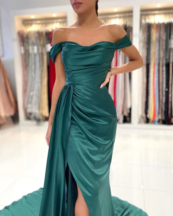 Off-the-Shoulder Dark Green Prom Dress Mermaid With Slit imple gentle atmospheric and unique design  ﻿