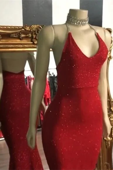Broner Shining Red Sequins Halter Spaghetti Strap Sleeveless Long Mermaid Prom Dress