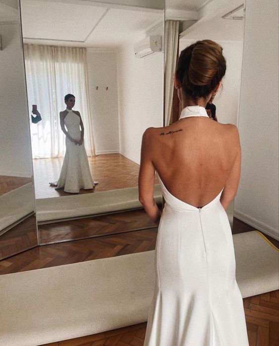 Long Simple Wedding Dress Halter Backless Bridal Gown