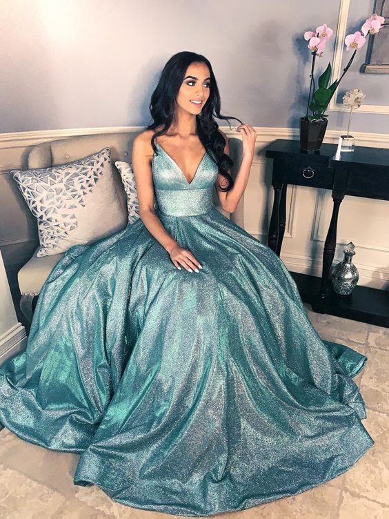 chic a-line spaghetti straps sparkly long prom dress cheap evening dress