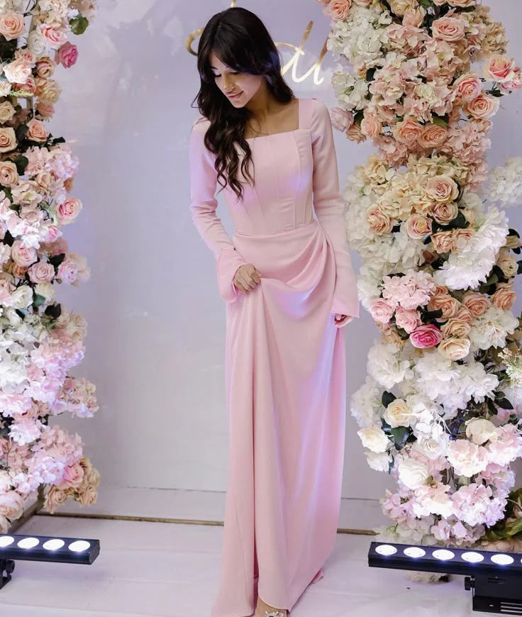 Classy Pink Square Neckline Evening Dress with Long Sleeves