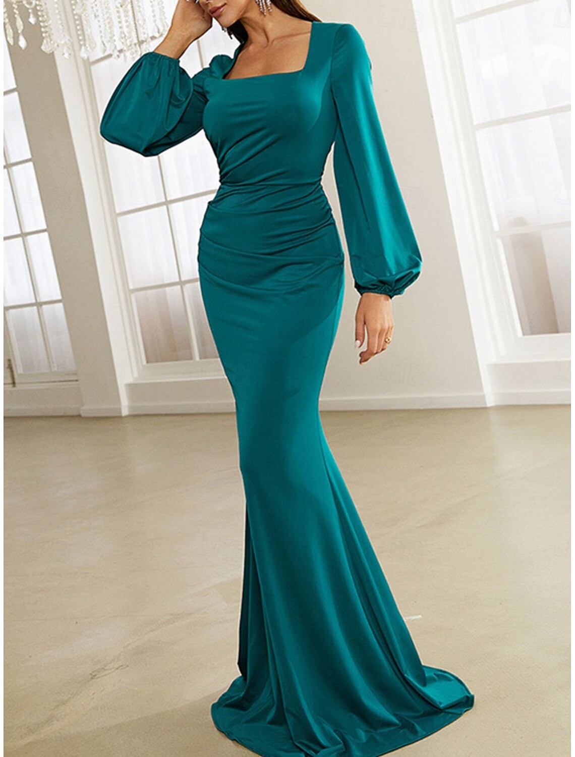 Dress Mother of the Bride Dress Elegant Square Neck Sweep / Brush Train Polyester Long Sleeve with Solid Color