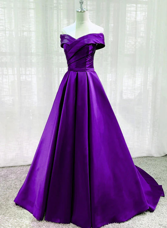 Satin Off Shoulder Long Evening Dress Prom Dress Purple A-line Party Dresses