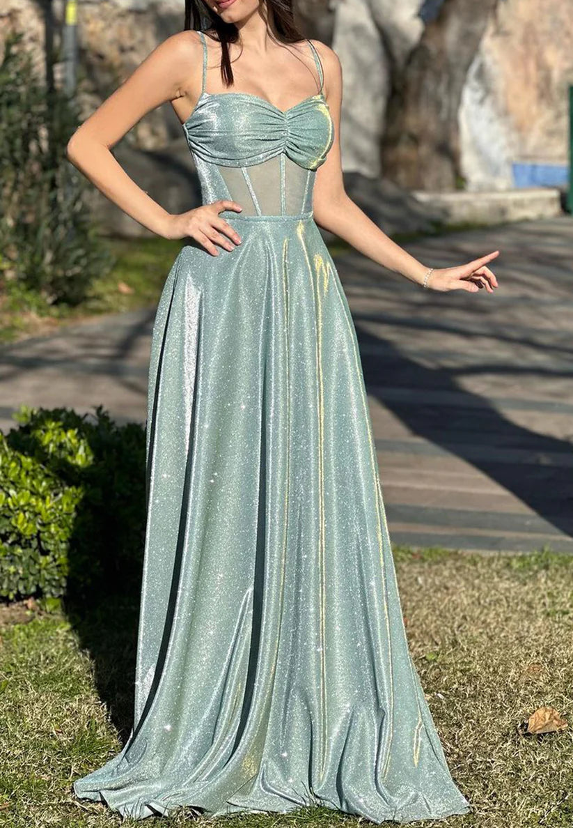 Sweetheart Spaghetti Straps Pleated Sparkly A-Line Prom Dress Simple gentle beautiful and unique design