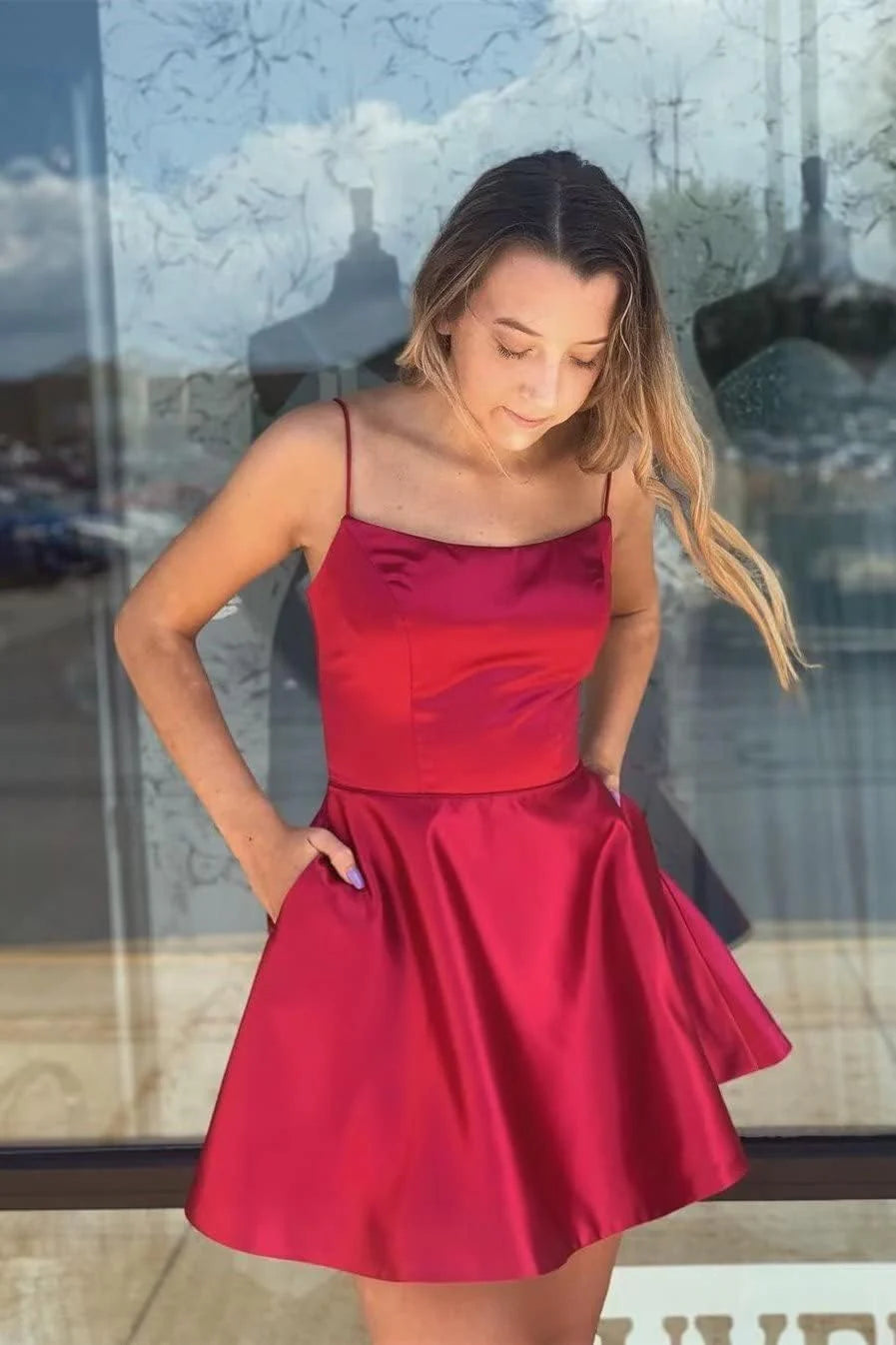 Spaghetti Straps Burgundy Satin Mini Homecoming Dresses Simple atmospheric beautiful and unique design