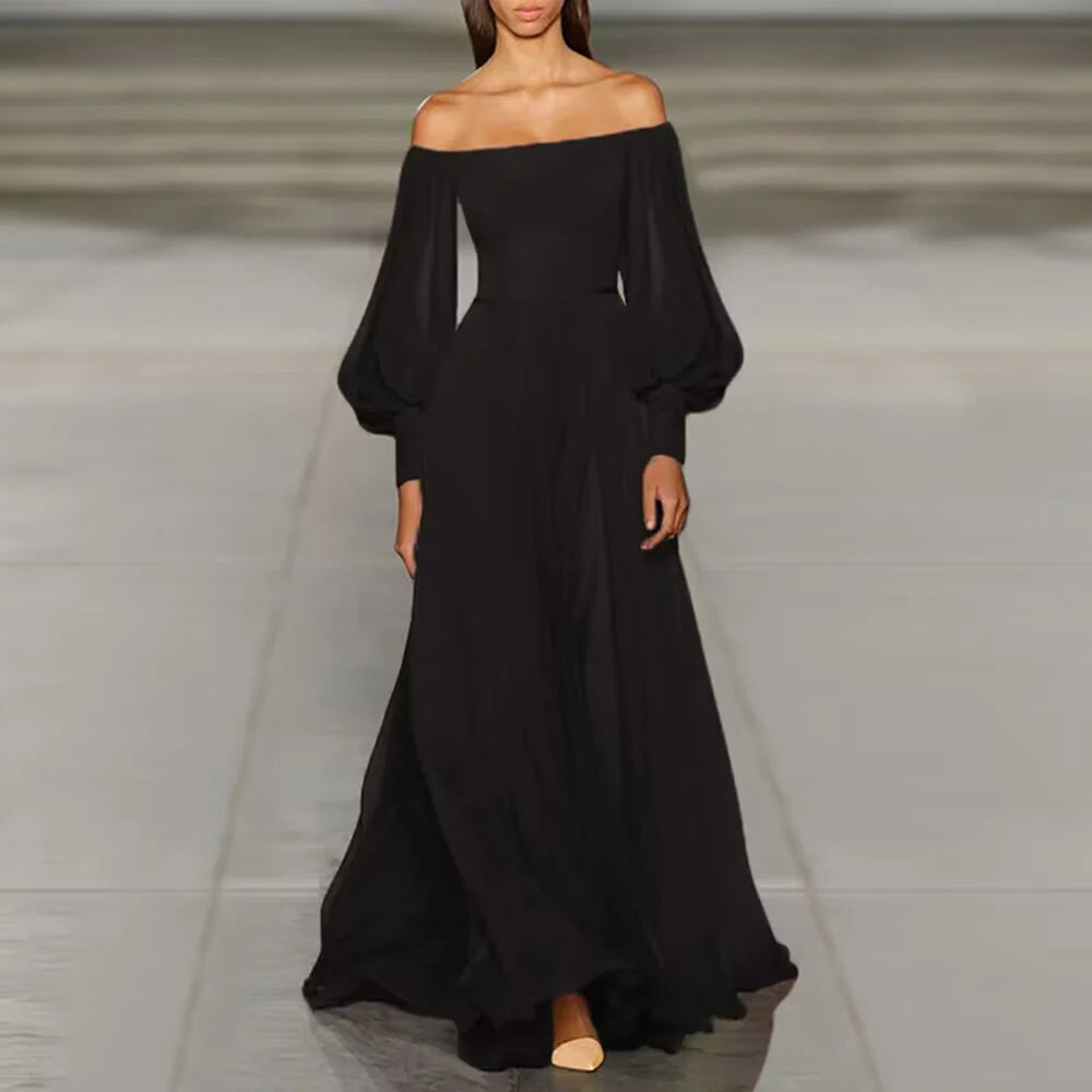 Elegant Sexy Strapless Tube Top Solid Color Lantern Sleeve Chiffon Dress