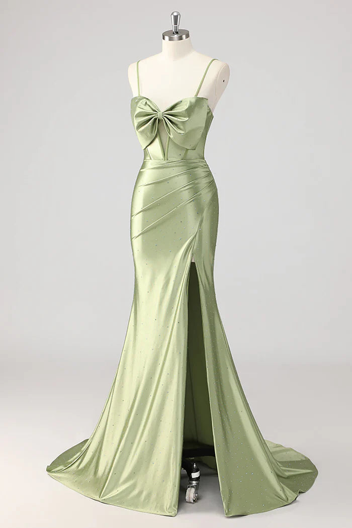 Green Mermaid Beaded Corset Bow Cut Out Satin Prom Dress with Slit