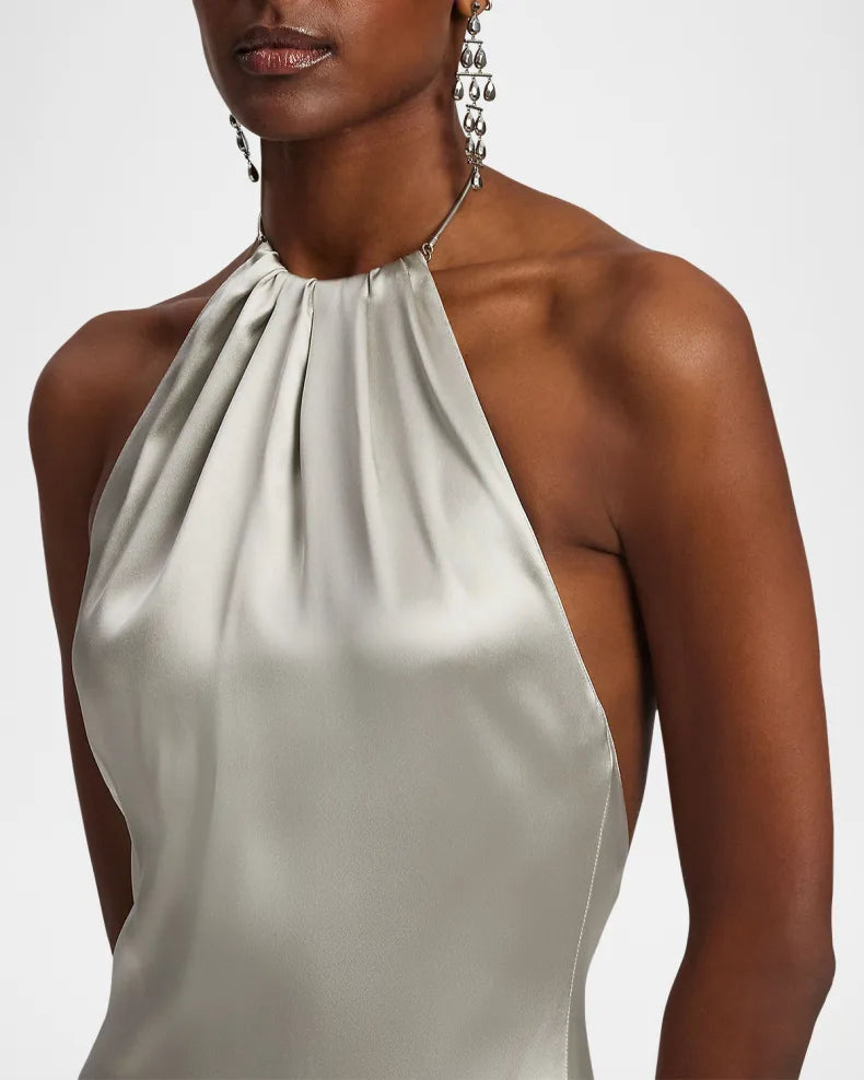 Corra Lux Stretch Satin Sleeveless Halter Gown Charming and unique design Beautiful generous simple