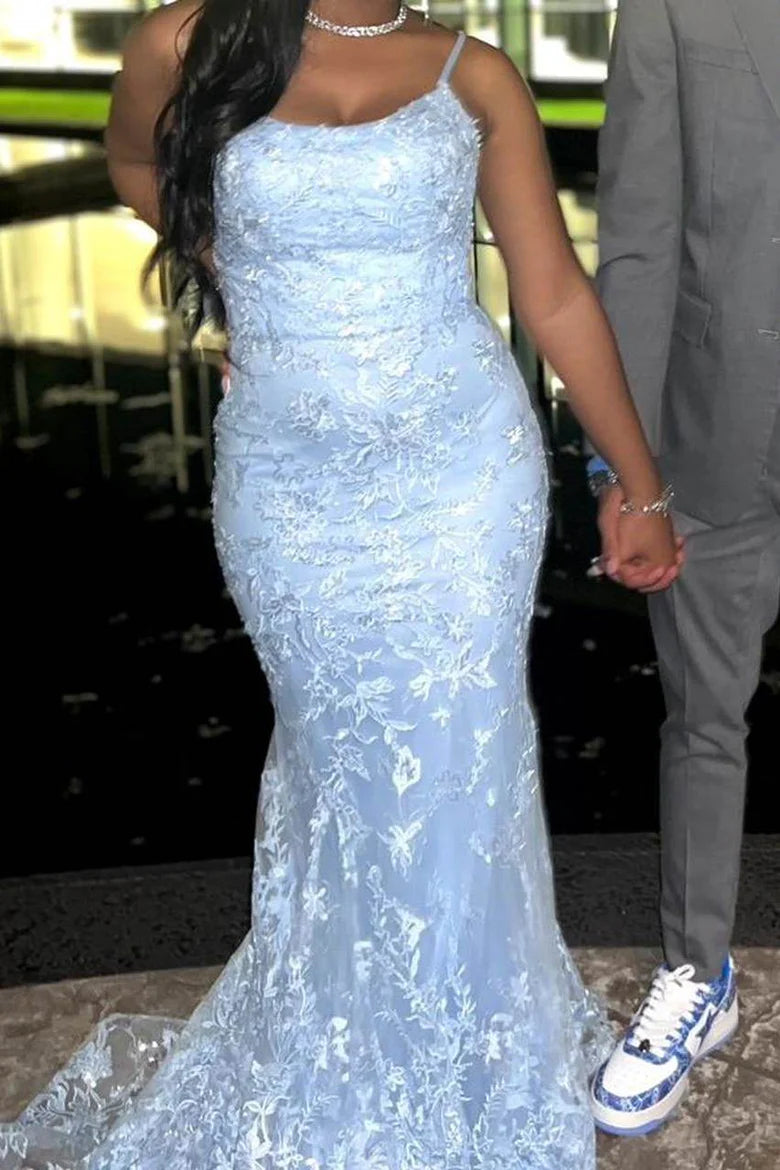 Spaghetti Straps Lace Appliques Mermaid Sleeveless Long Prom Dress