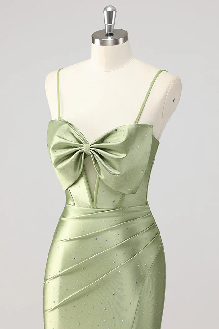 Green Mermaid Beaded Corset Bow Cut Out Satin Prom Dress with Slit