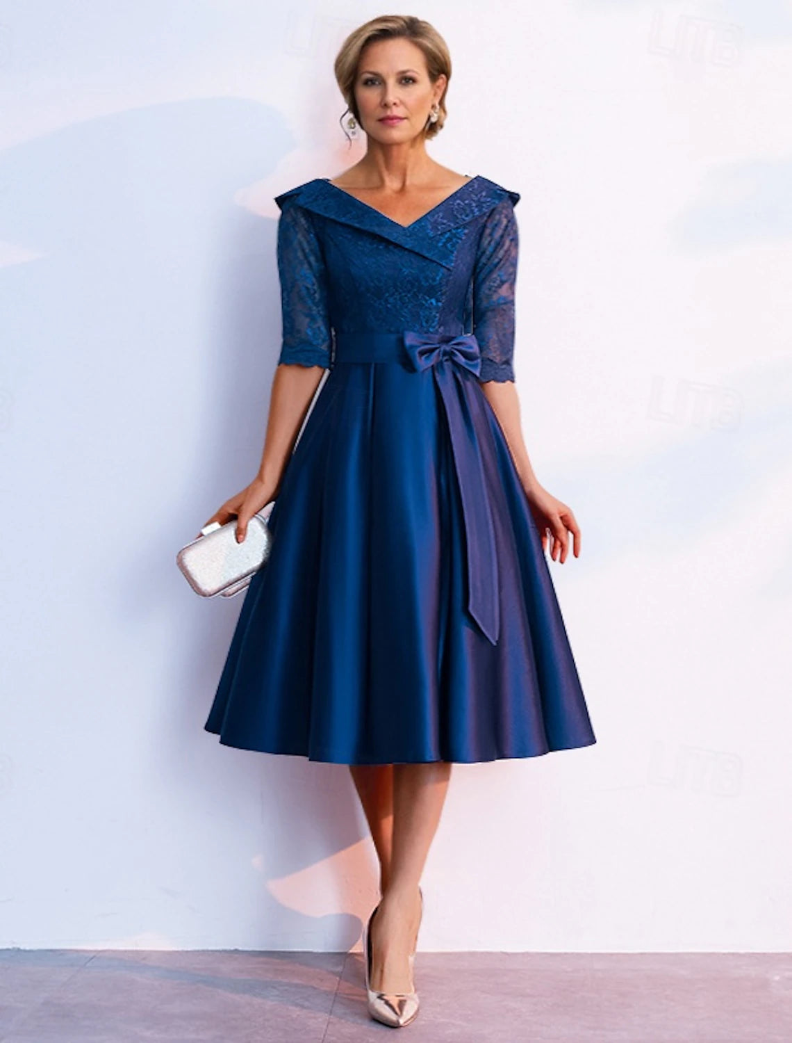 A-Line Mother of the Bride Dress Elegant V Neck Tea Length Lace Length Sleeve with Bow(s) Derby Dress Race Day Dress