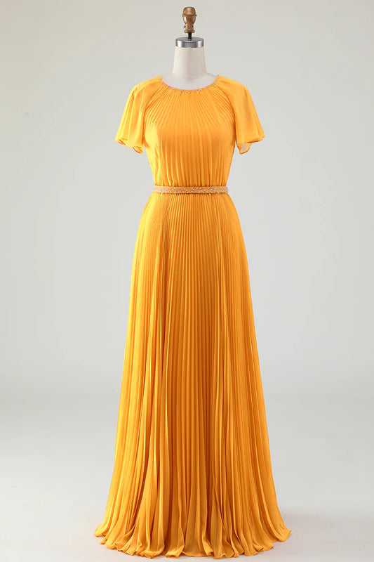 A Line Round Neck Pleated Mother of Bride Dress With Short Sleeves