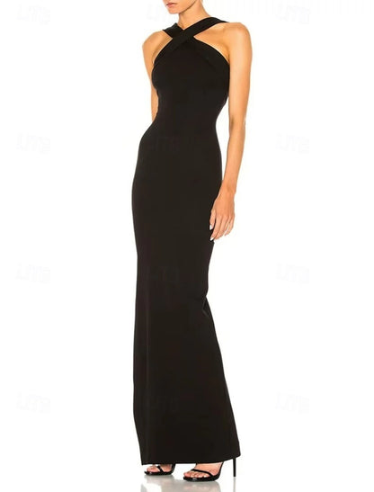 Mermaid / Trumpet Evening Gown Party Dress Evening Party Black Tie Gala Floor Length Sleeveless Halter Neck Wednesday Addams Family Cotton Blend Backless with Criss Cross Slit