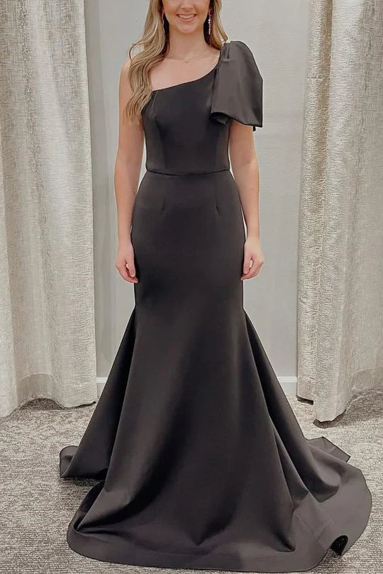 One Shoulder Bow Satin Mermaid Sleeveless Long Prom Dress with Train