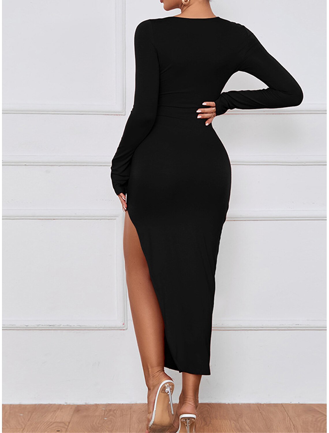 Women's Black Dress Prom Dress Party Dress Split Cut Out V Neck Long Sleeve Midi Dress Winter Dress Wedding Guest Formal Black Red Summer Spring