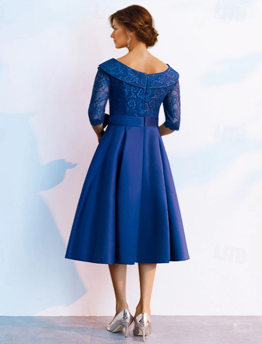 A-Line Mother of the Bride Dress Elegant V Neck Tea Length Lace Length Sleeve with Bow(s) Derby Dress Race Day Dress