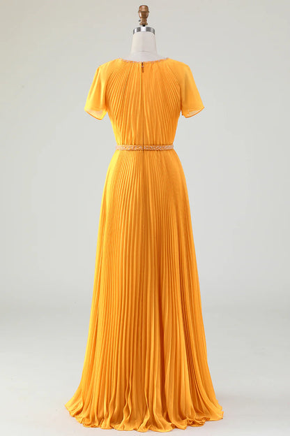 A Line Round Neck Pleated Mother of Bride Dress With Short Sleeves