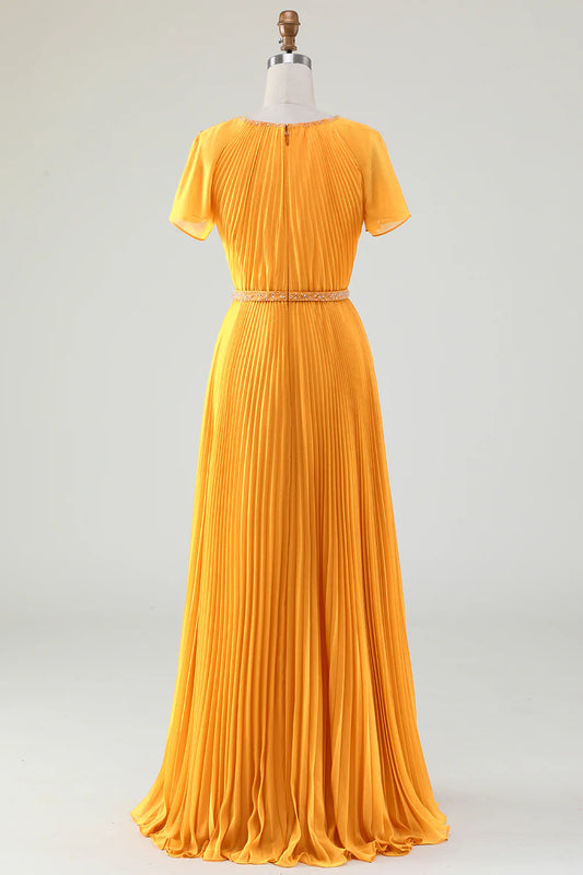 A Line Round Neck Pleated Mother of Bride Dress With Short Sleeves