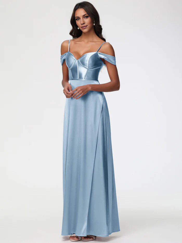 Dusty Blue Prom Off The Shoulder Sweetheart Spaghetti Straps Long Stretch Satin Prom Dress