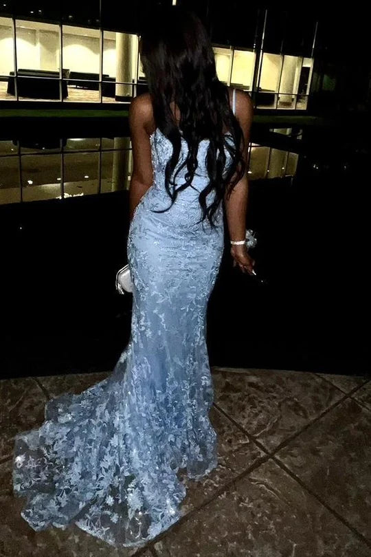 Spaghetti Straps Lace Appliques Mermaid Sleeveless Long Prom Dress