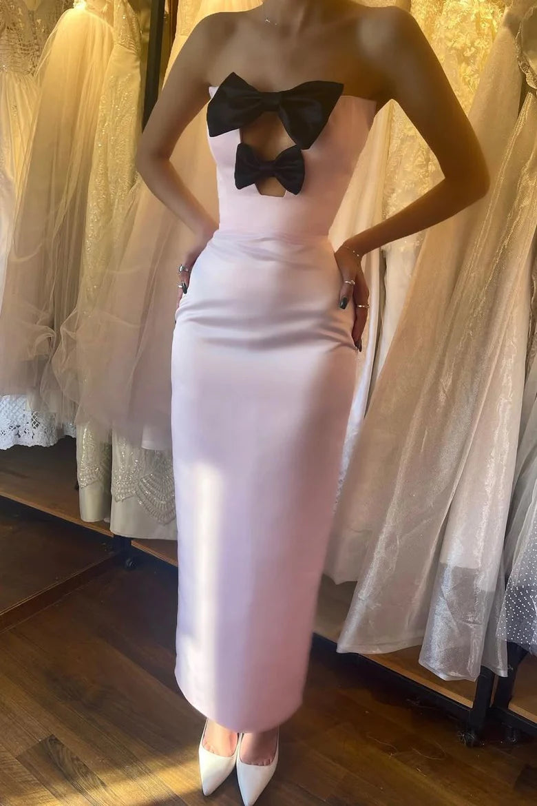 Strapless Bows Sheath Satin Pleated Formal Long Prom Dress