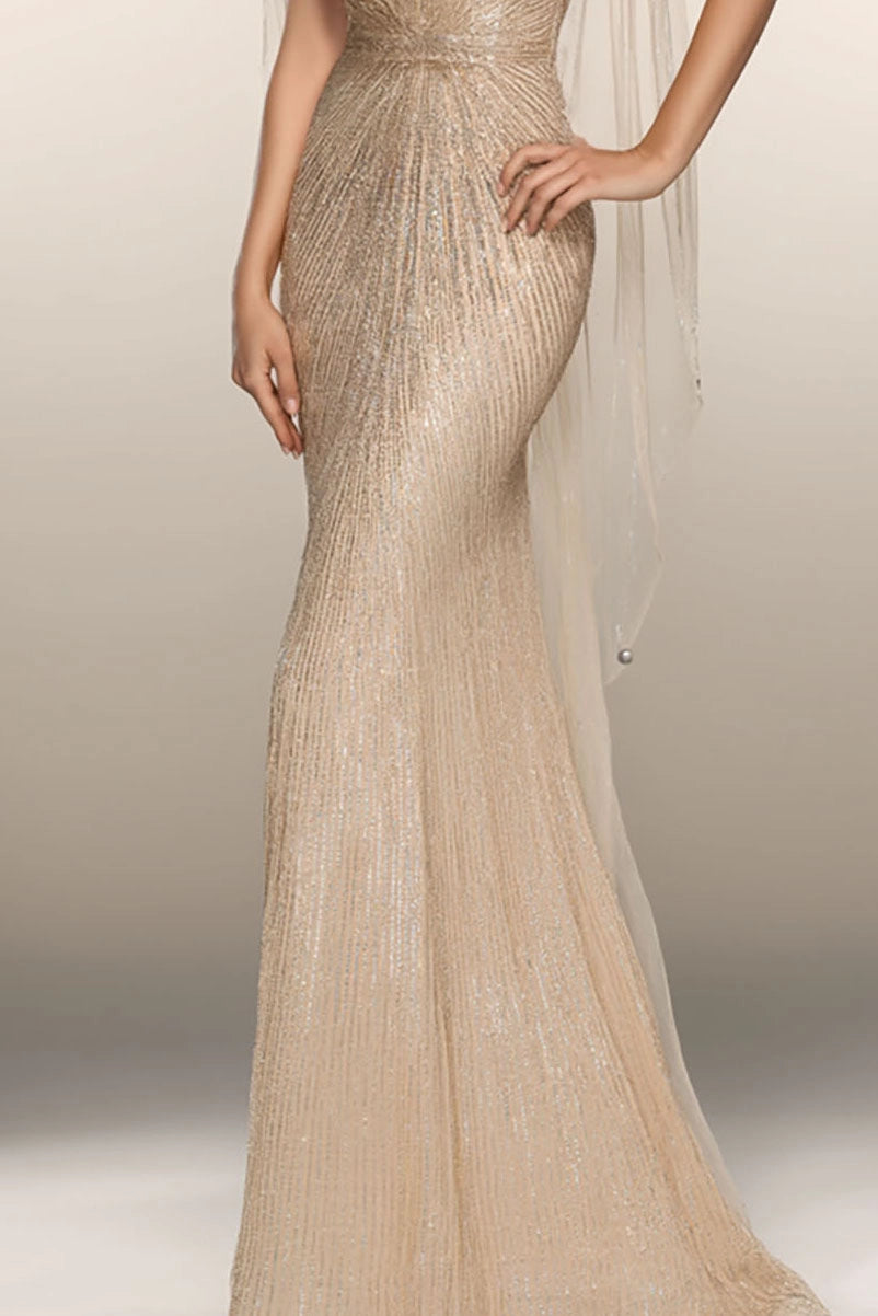 Formal Evening Gown Gold Deep V Tulle Beaded Bodycon Floor-Length Dress