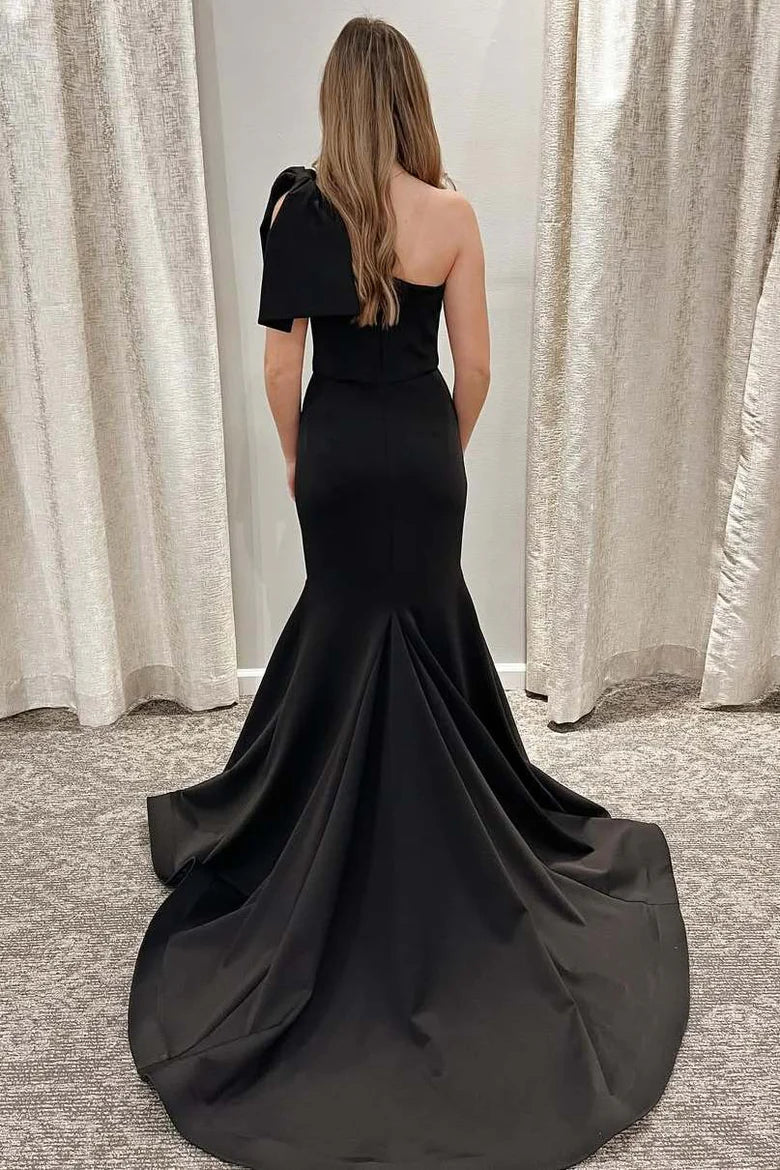 One Shoulder Bow Satin Mermaid Sleeveless Long Prom Dress with Train