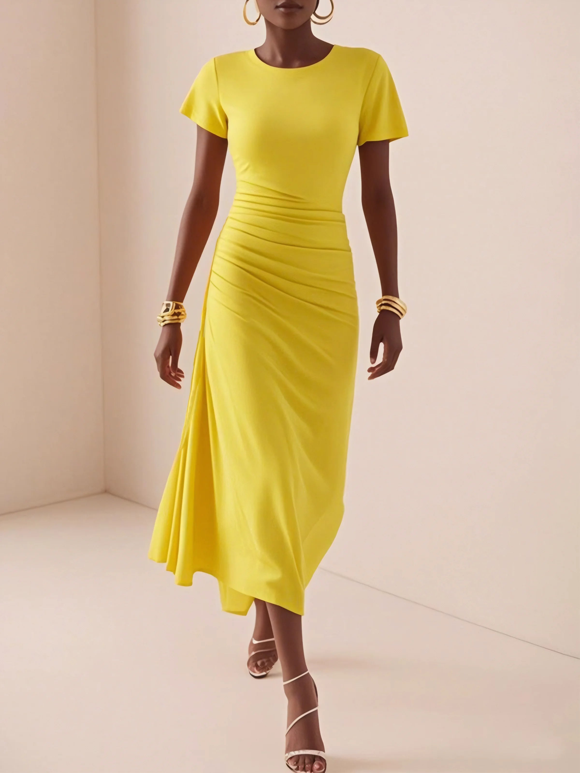 Elegant Plain Asymmetric Crew Neck Midi Dress Simple atmospheric beautiful and unique desi