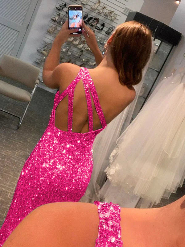 Column Sequin One-Shoulder Sweep/Brush Train Long Prom Dresses Simple gentle beautiful and unique design