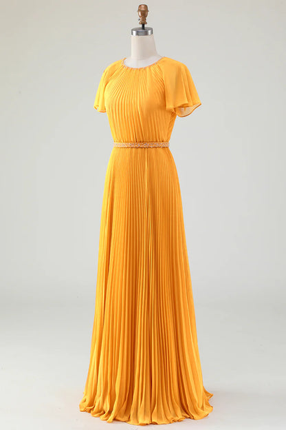 A Line Round Neck Pleated Mother of Bride Dress With Short Sleeves