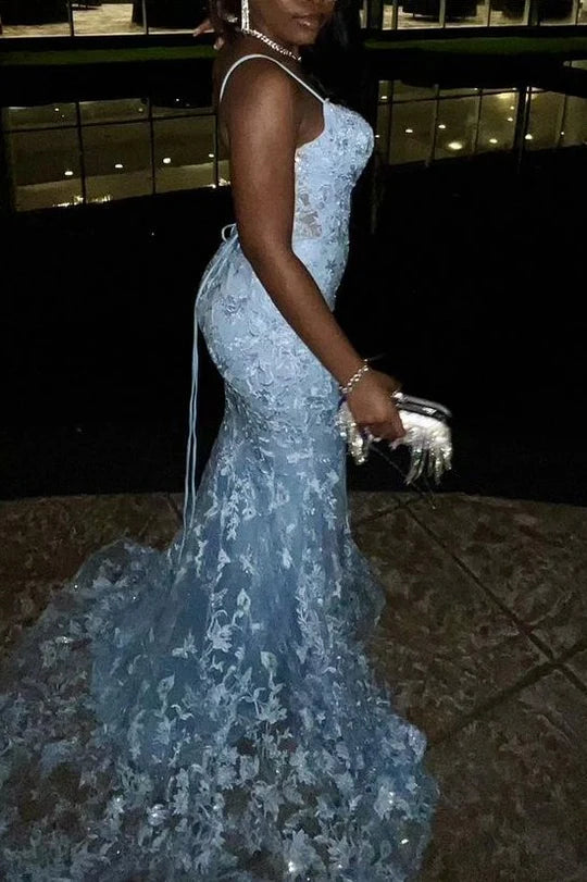 Spaghetti Straps Lace Appliques Mermaid Sleeveless Long Prom Dress