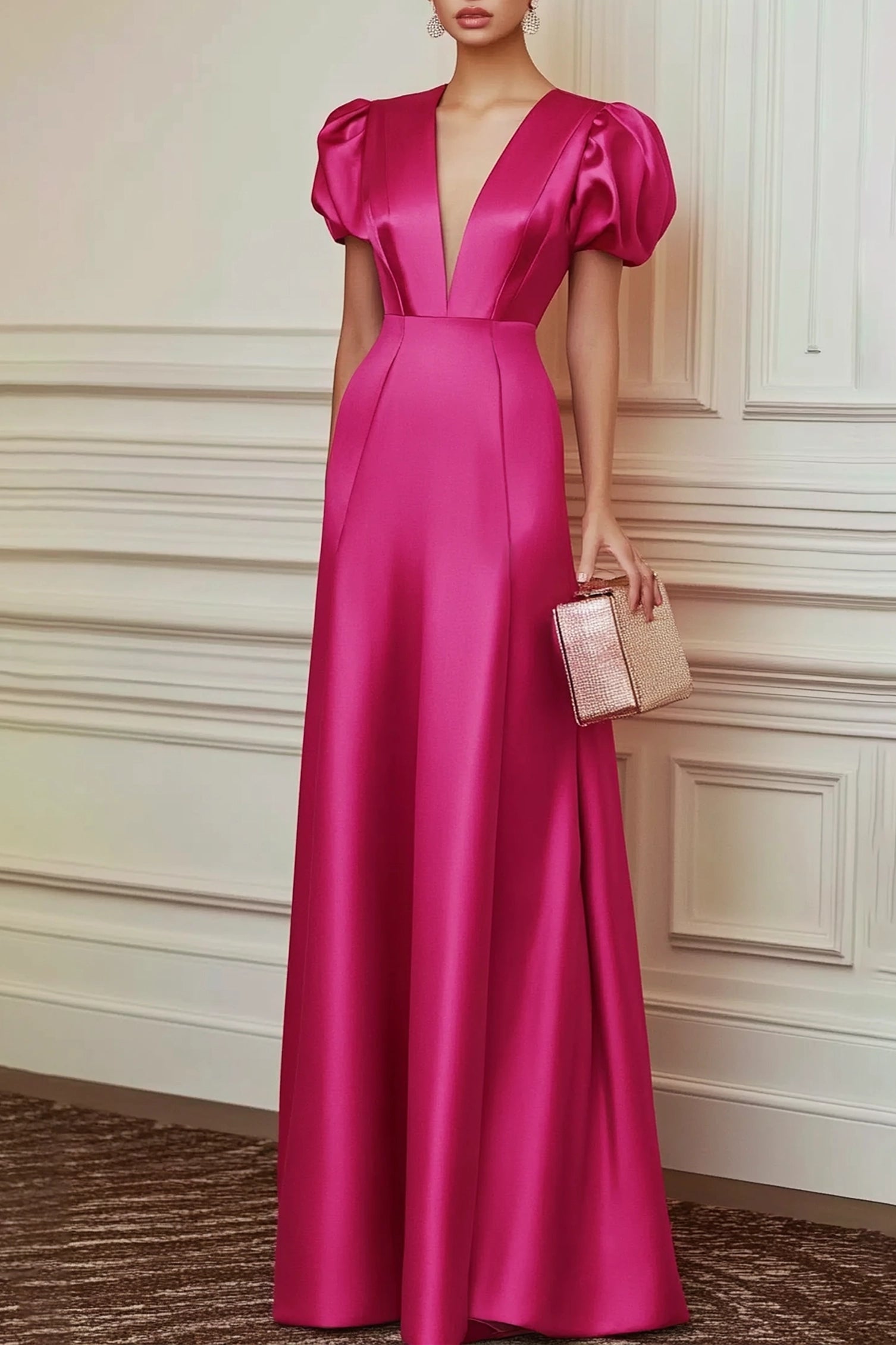 Formal Evening Dress Fuchsia Deep V Puff Sleeve Satin Floor Dress