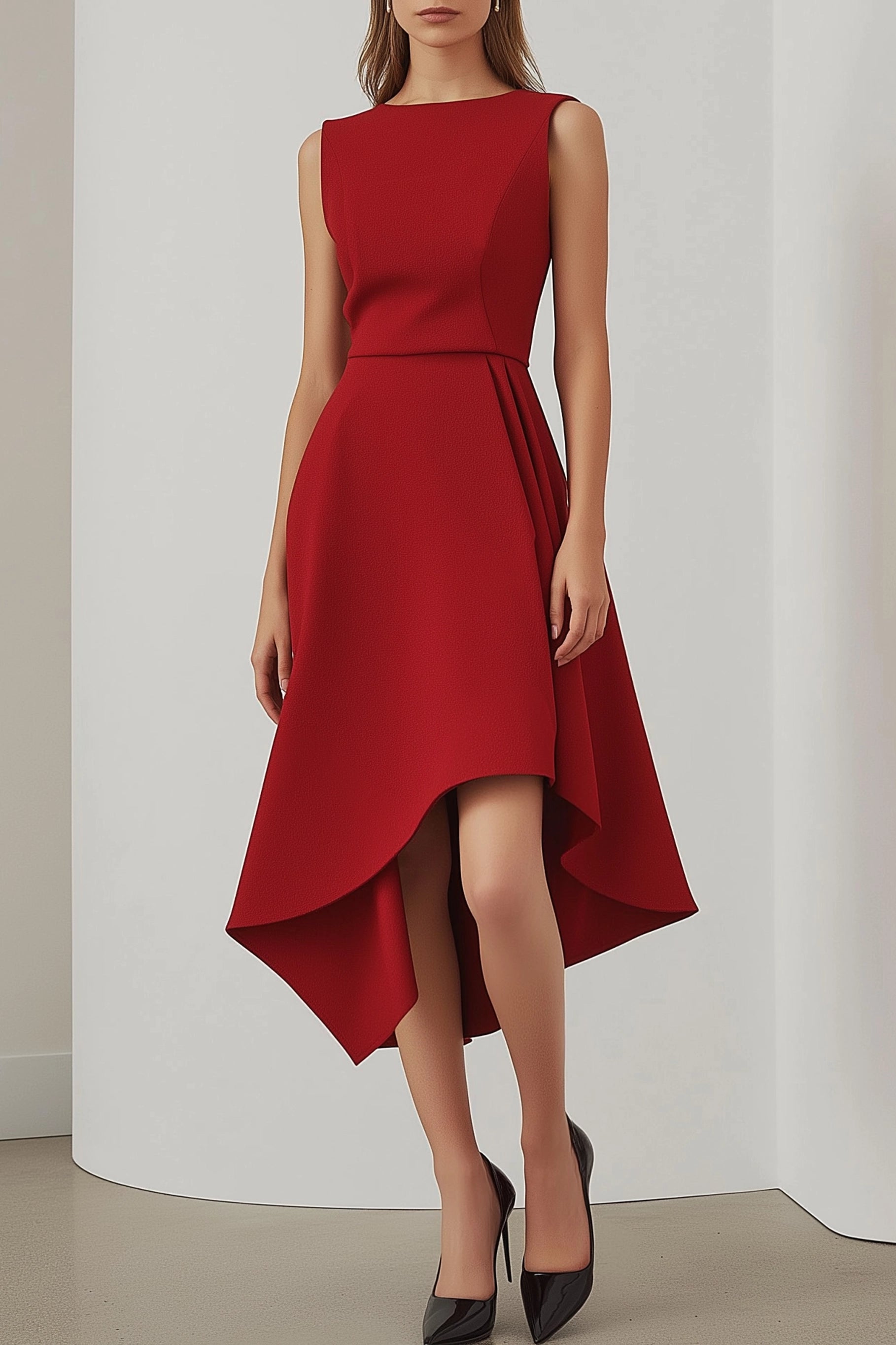 Party Semi-Formal Dress Red Round Neck Sleeveless Ruched Midi Dress