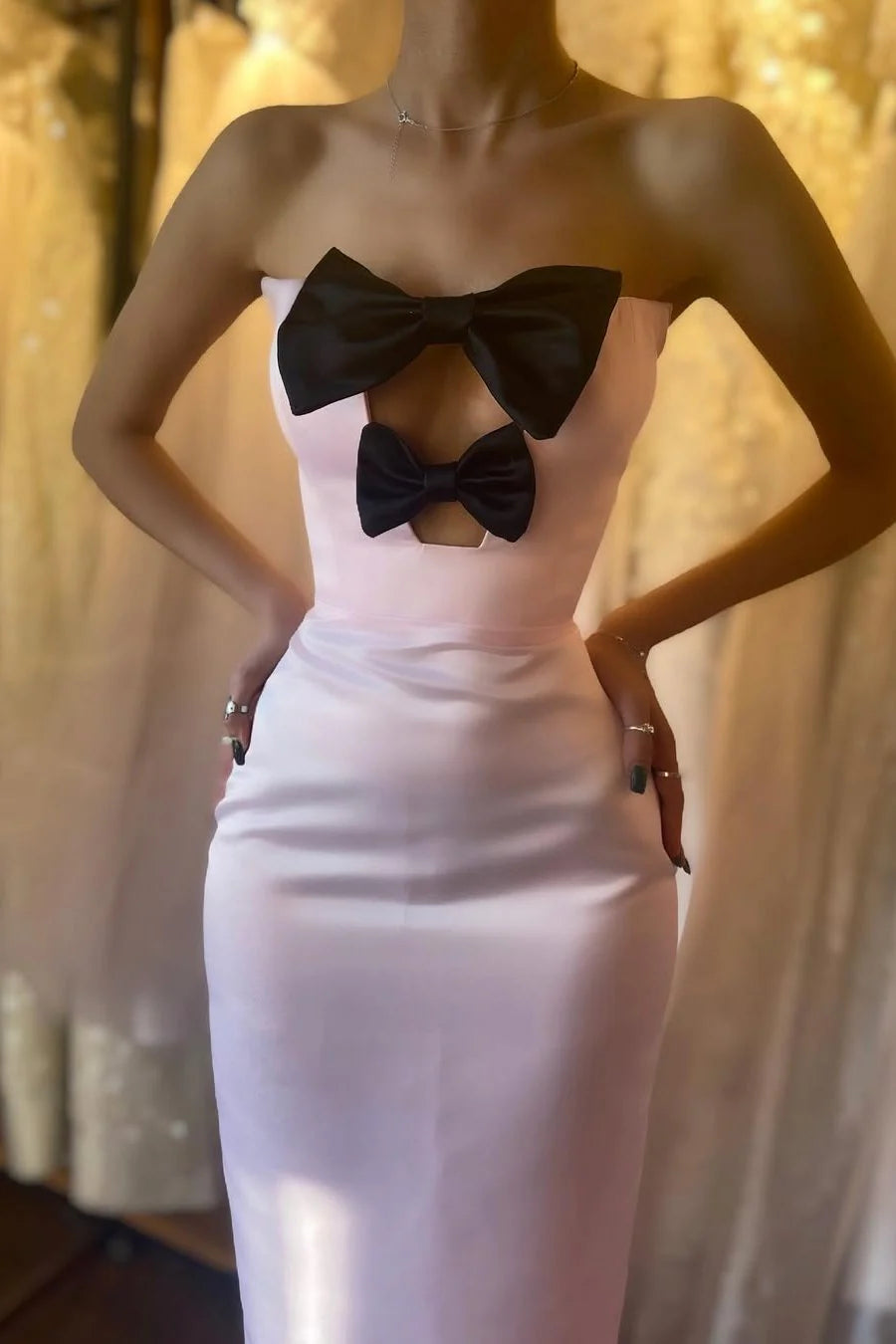 Strapless Bows Sheath Satin Pleated Formal Long Prom Dress