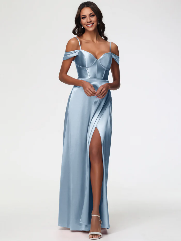 Dusty Blue Prom Off The Shoulder Sweetheart Spaghetti Straps Long Stretch Satin Prom Dress