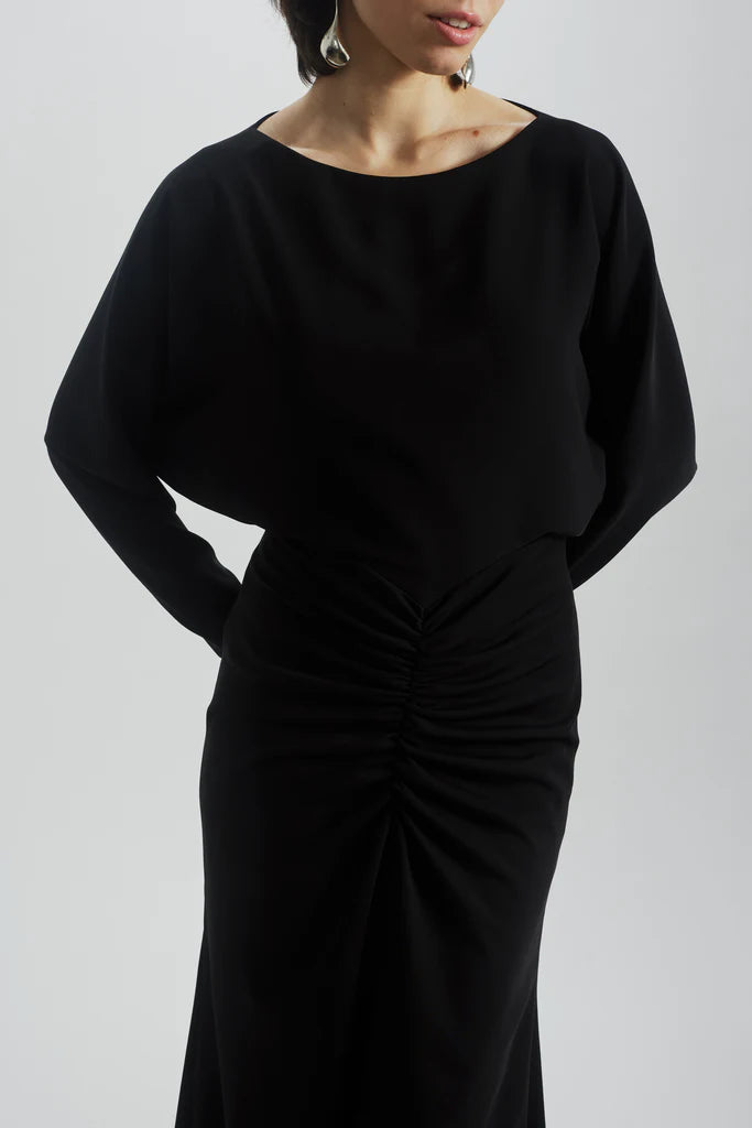 Technical crepe dolman sleeve gown with center gather skirt detail Simple atmospheric beautiful and unique design
