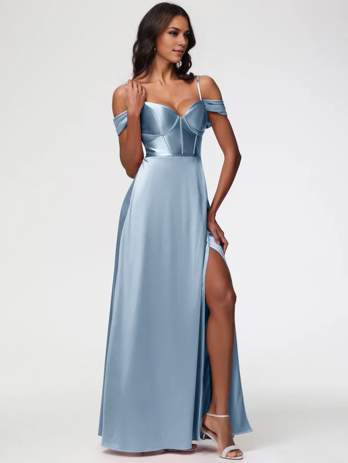 Dusty Blue Prom Off The Shoulder Sweetheart Spaghetti Straps Long Stretch Satin Prom Dress