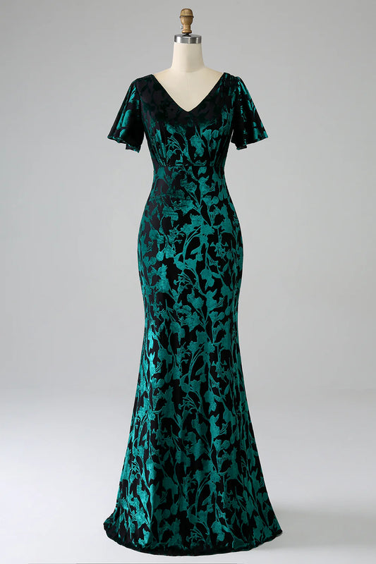 Mermaid V Neck Burnout Velvet Floor Length Dress With Short Sleeves
