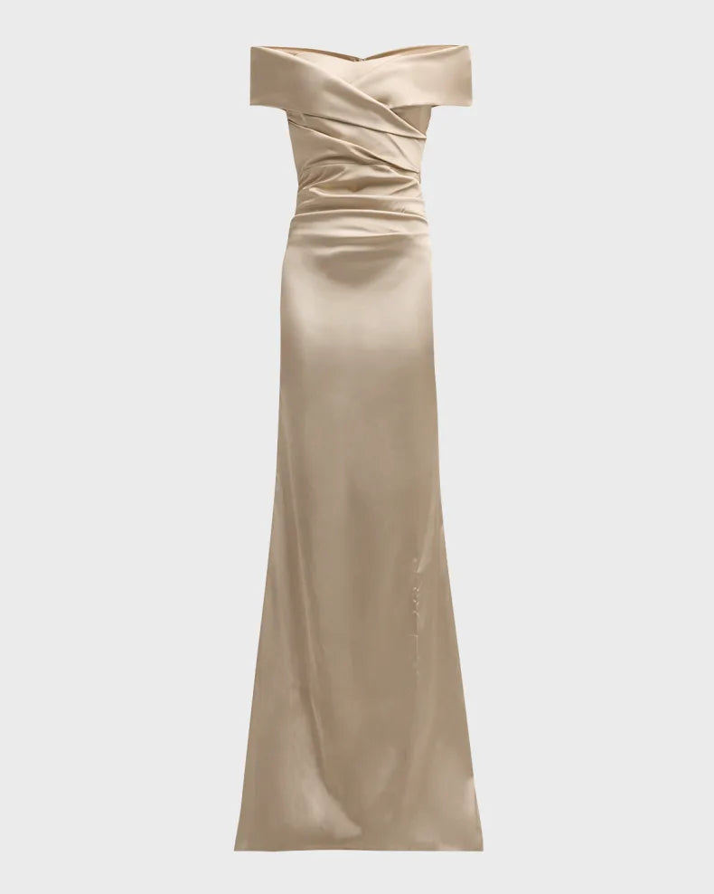 Pleated Off-Shoulder Satin Column Gown Beautiful and charming simple and unique design