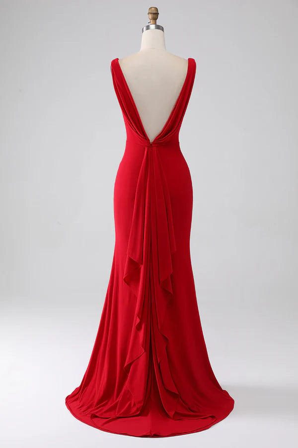 Mermaid V-Neck Red Prom Dress with Slit simple gentle atmospheric and unique desi