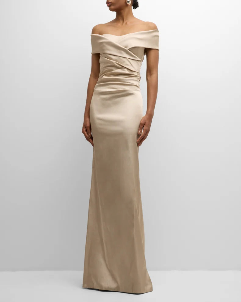 Pleated Off-Shoulder Satin Column Gown Beautiful and charming simple and unique design