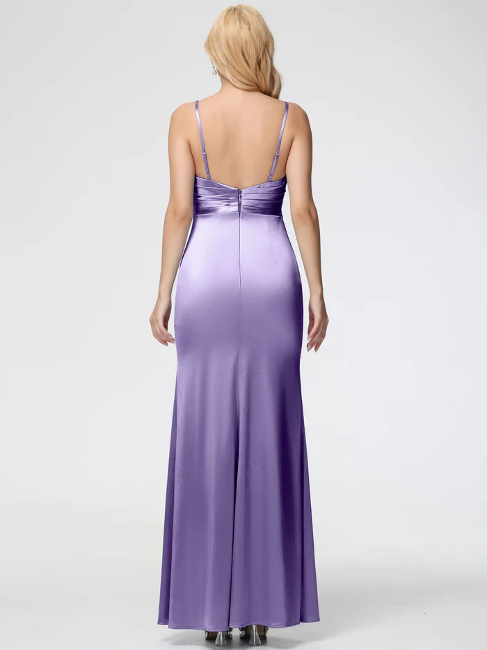 Tahiti Prom Dresses V-Neck Sleeveless Spaghetti Straps Trumpet/Mermaid Split Stretch Satin Prom Dresses