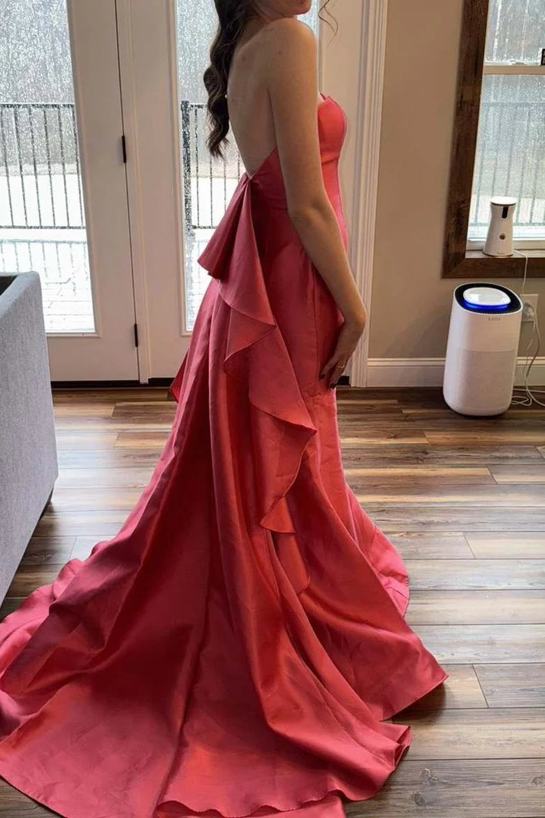 Spaghetti Straps V-Neck Satin Long Prom Dress with Slit