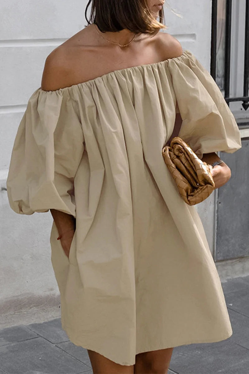 Sexy Solid Color Pocket Ruched Off Shoulder Lantern Skirt Dresses Simple atmospheric beautiful and unique desi