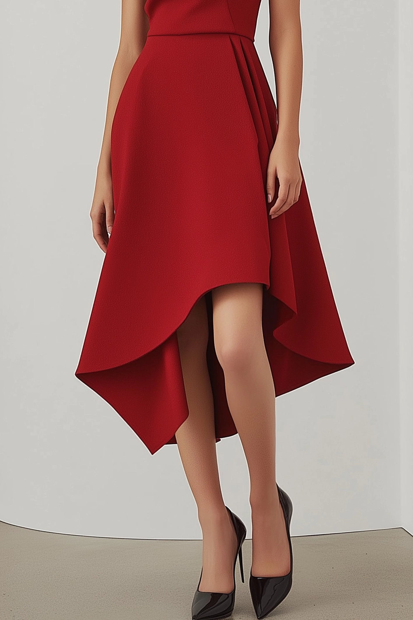 Party Semi-Formal Dress Red Round Neck Sleeveless Ruched Midi Dress
