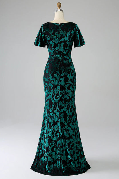 Mermaid V Neck Burnout Velvet Floor Length Dress With Short Sleeves